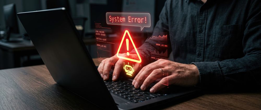 Decorative image depicting a business AI-generated software with system errors and code failures for SITEK to fix through our AI Software Recovery & Stabilization Services